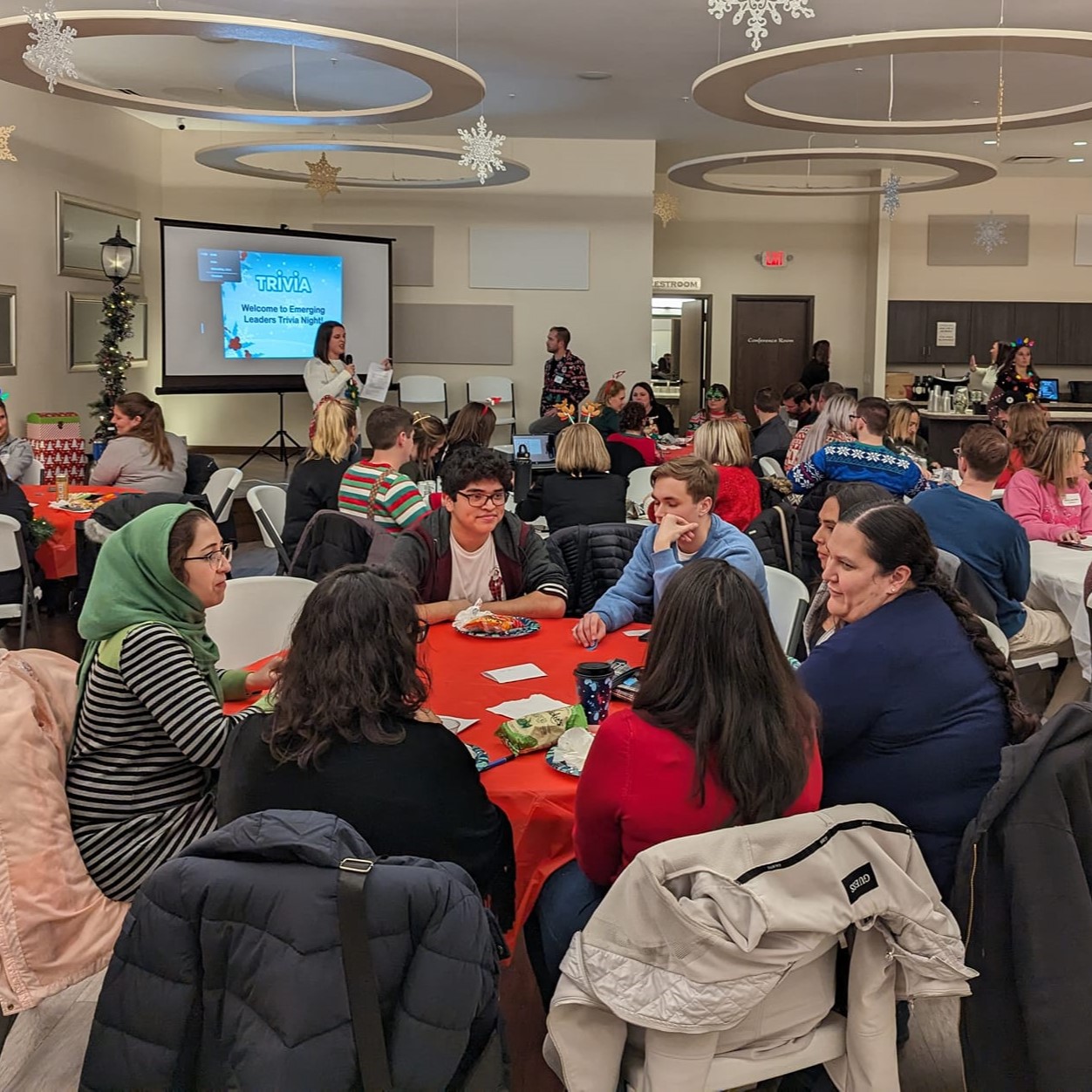 A room full of people playing trivia.