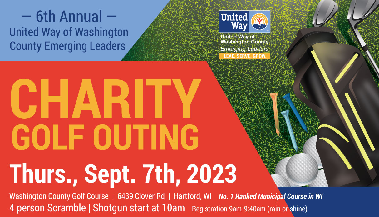 A graphic depicting green grass and a golf bag that says "Charity Golf Outing"