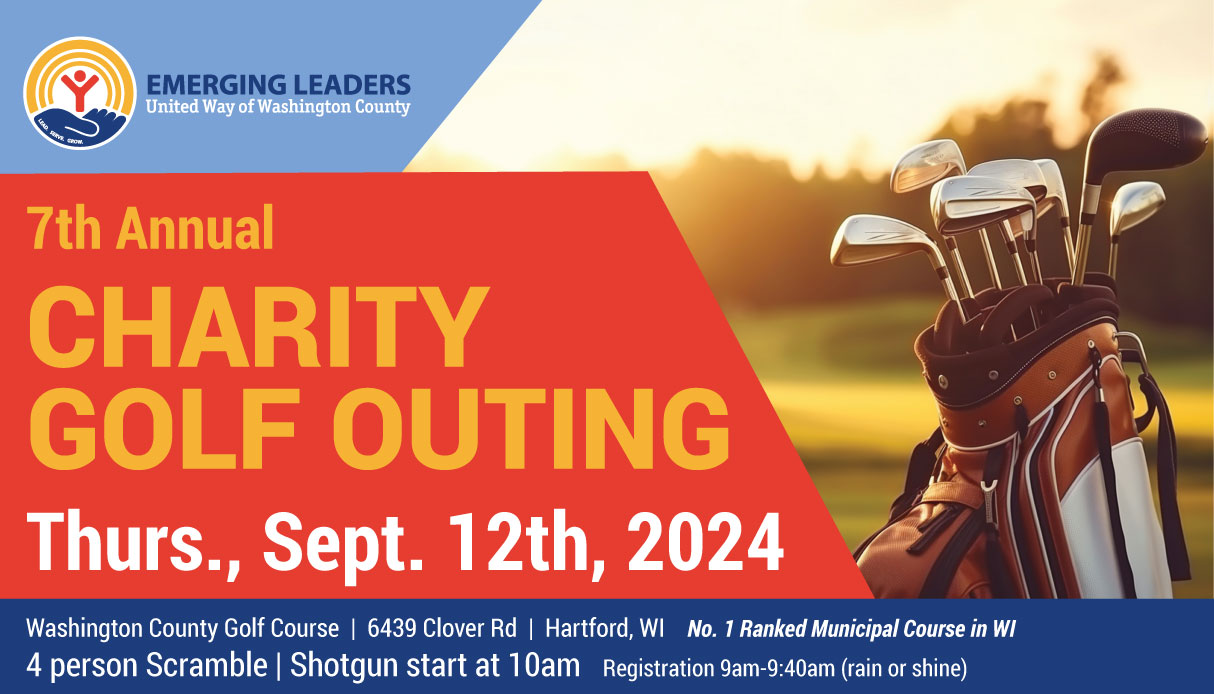 a graphic depicting golf clubs that says United Way of Washington County Emerging Leaders golf outing