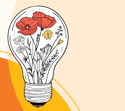 A light bulb represents thinking. Inside the lightbulb are wildflowers growing to represent spring.