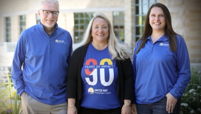 Jim Schwalen, Board President of United Way of Washington County stands to the left of Kristin Brandner, CEO of United Way of Washington County. Sarah Stadler, Emerging Leader and Alumni Co-Chair, stands to the right of Kristin. This group will lead the 2026 United Way campaign.